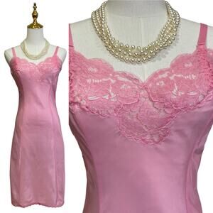 Vintage 50s Lady Lynne Pink Lacy Full Slip Dress Women’s Size S Hand Dyed